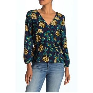 J. Crew Womens Navy Blue Yellow Floral Print Faux Wrap Top Blouse Size M